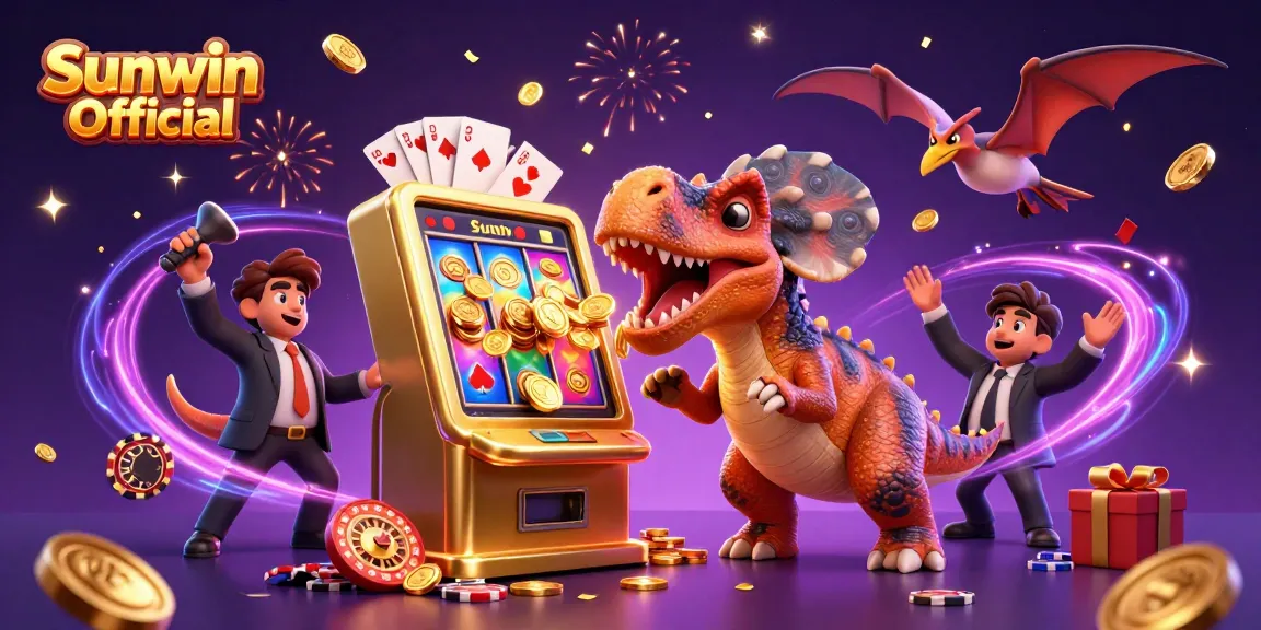 Experience thrills with Sunwin Official as a dinosaur hits a golden slot machine for jackpot coins!
