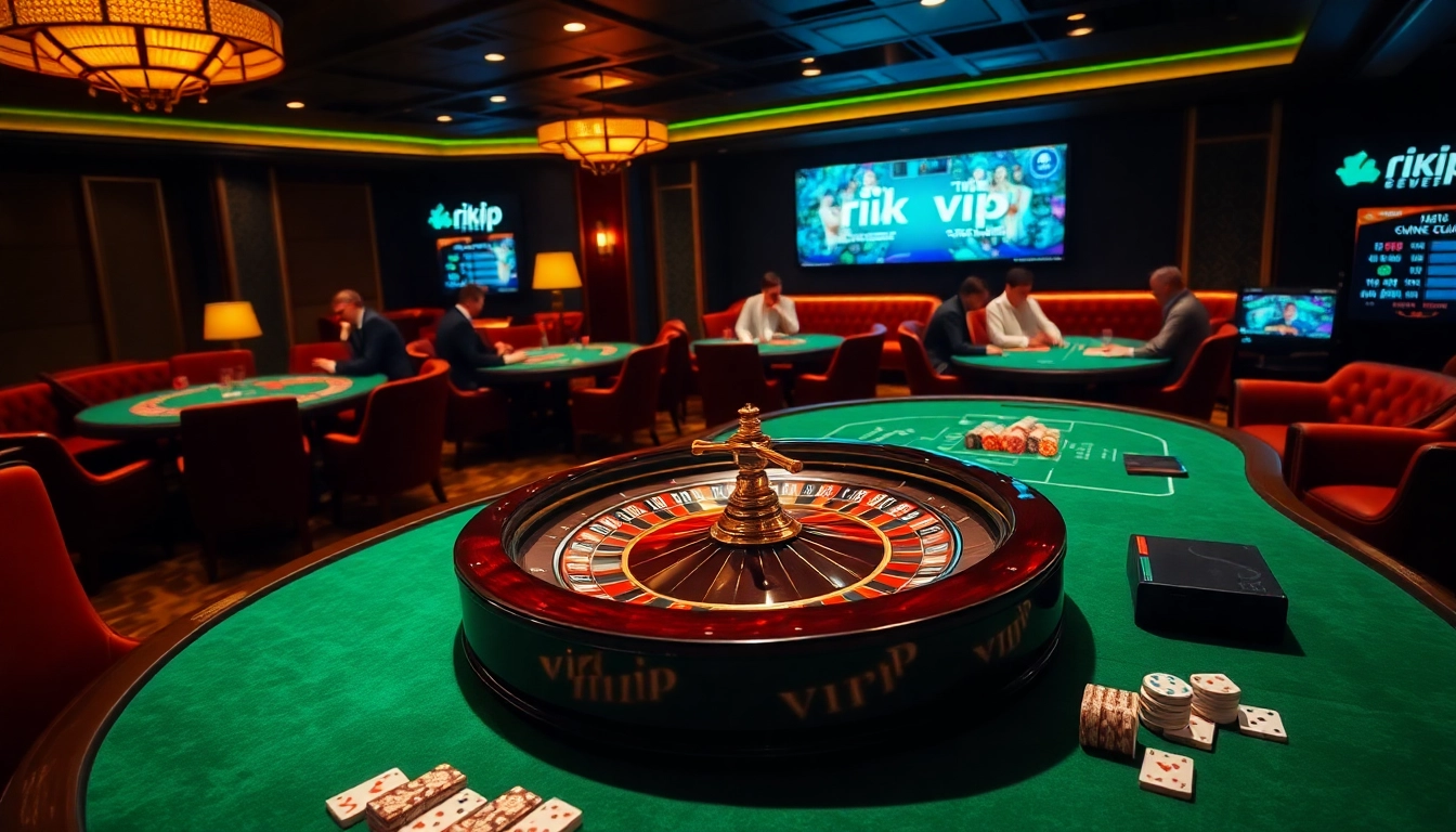 Experience the excitement of rik vip with a luxurious casino scene featuring roulette and poker.