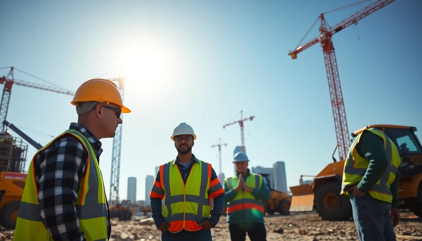 Workers collaborating on a Carolinas construction site under a clear blue sky.