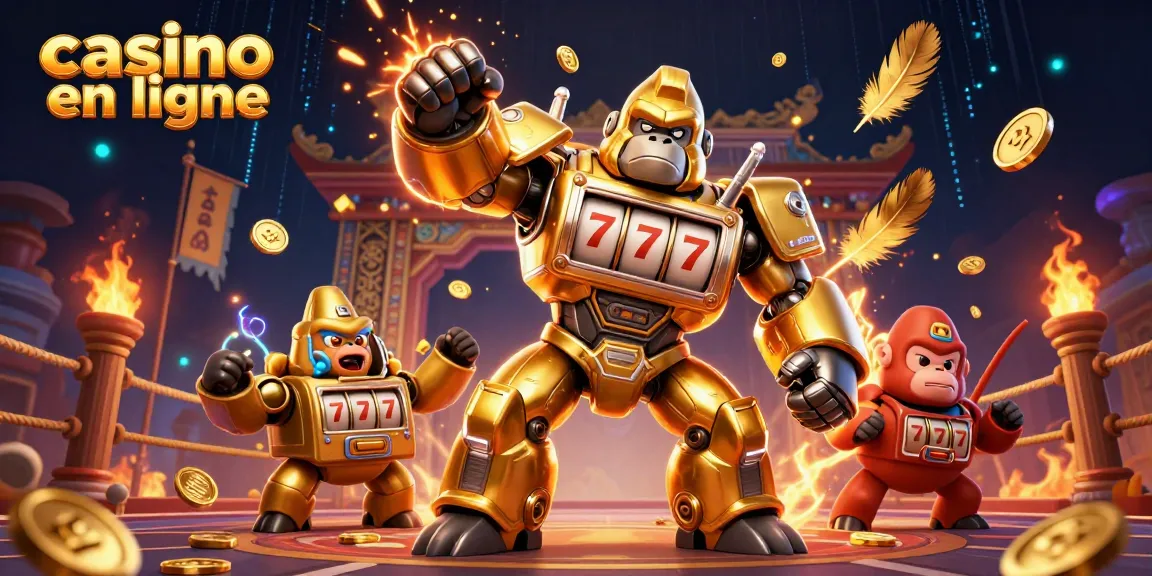 Des personnages animés illustrant un casino en ligne avec un gorille mech emblématique et des éléments de jeux riches.