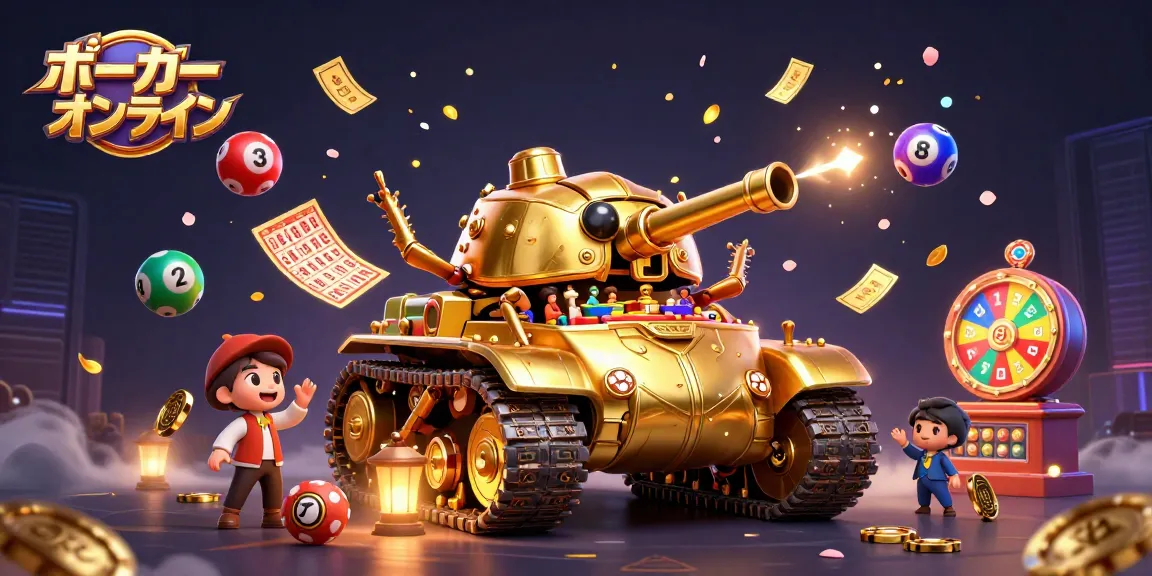 ポーカーオンラインでの楽しむ様子、カジノの内部が見える黄金の甲虫戦車のイラスト