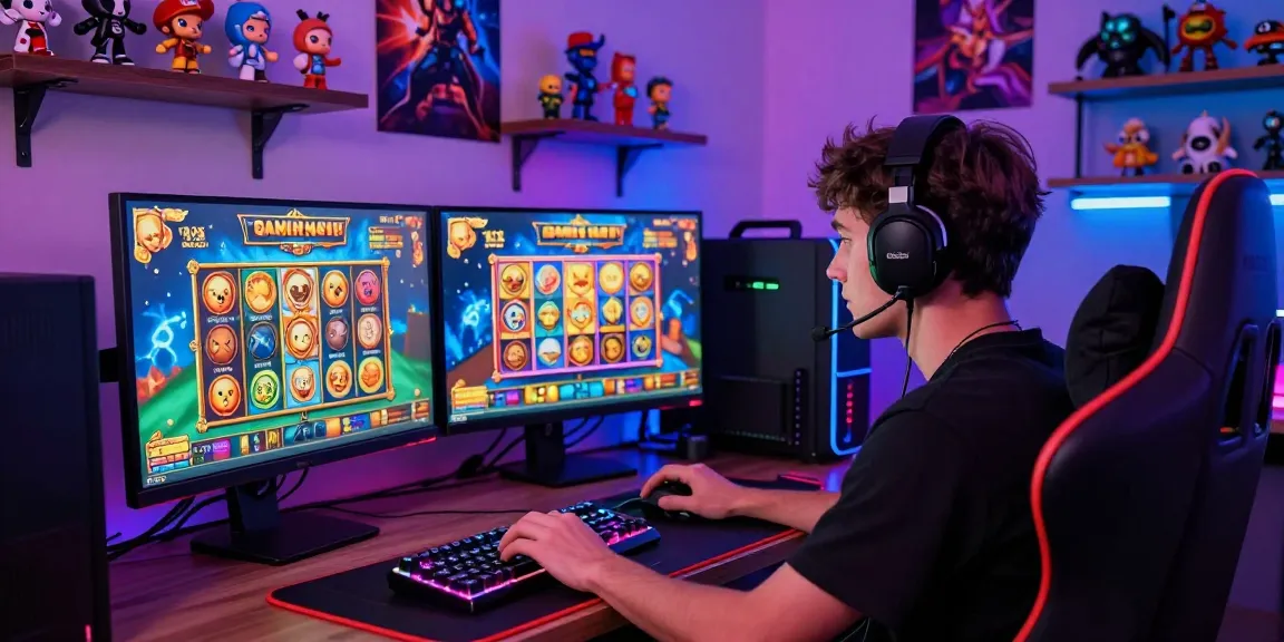 Gamer playing slot gacor games on dual monitors in immersive gaming setup.