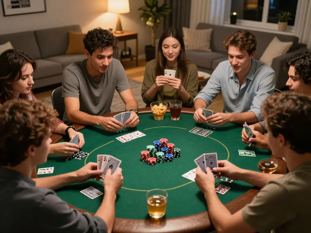 Engaged friends playing poker at home, showcasing online casinos Canada lifestyle in a cozy atmosphere.