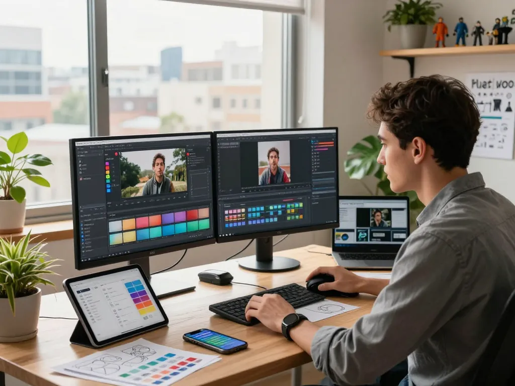 Workspace featuring a video editor using video to prompt ai software with dual screens, vibrant city view