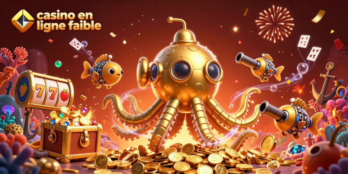 Un visuel dynamique de casino en ligne fiable illustrant un kraken doré et des poissons mécaniques entourés de trésors.