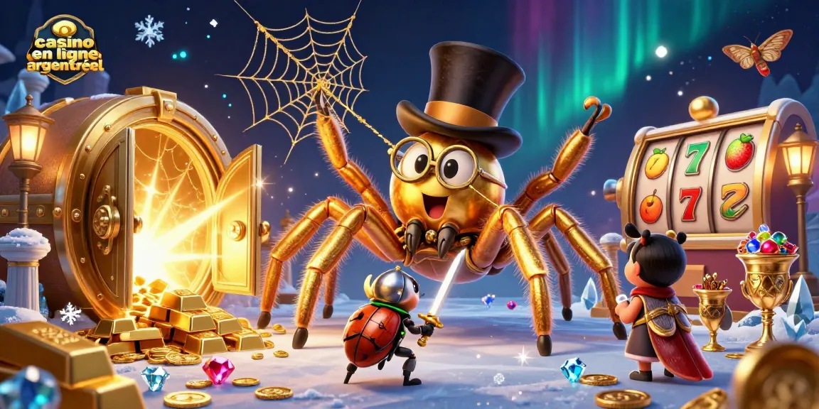 Profitez du jeu captivant au casino en ligne argent réel avec une araignée dorée et un chevalier scarabée.