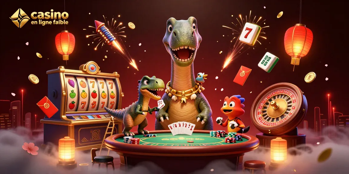 Illustration de casino en ligne fiable avec un dinosaure brontosaurus et des éléments de jeu.