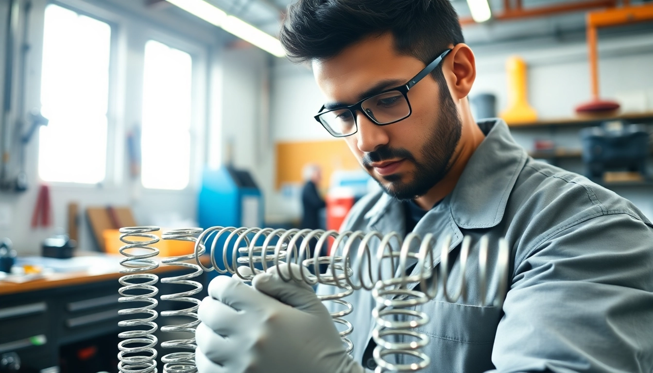 Skilled technician inspecting precision gas springs in a professional workshop, highlighting the Gas Spring Supplier.