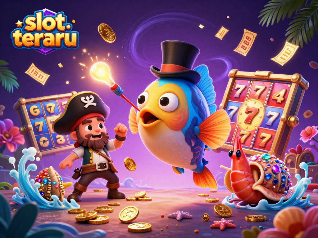 Win big with slot terbaru in vibrant 3D illustration featuring lucky characters and casino elements.