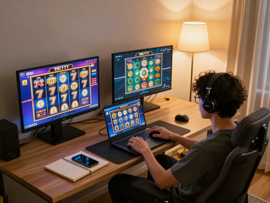 Engaging in slot77 games on a laptop in a cozy home setting with warm lighting
