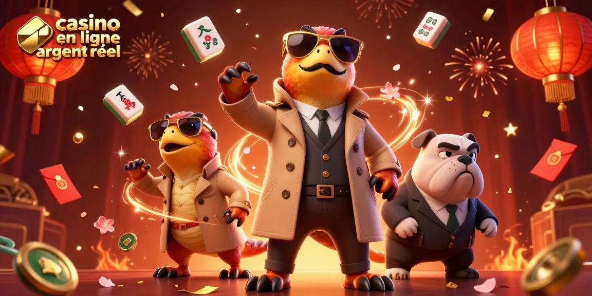 Un casino en ligne argent réel animé avec des raptors en trench coat, un bouncer bulldog et des éléments festifs.