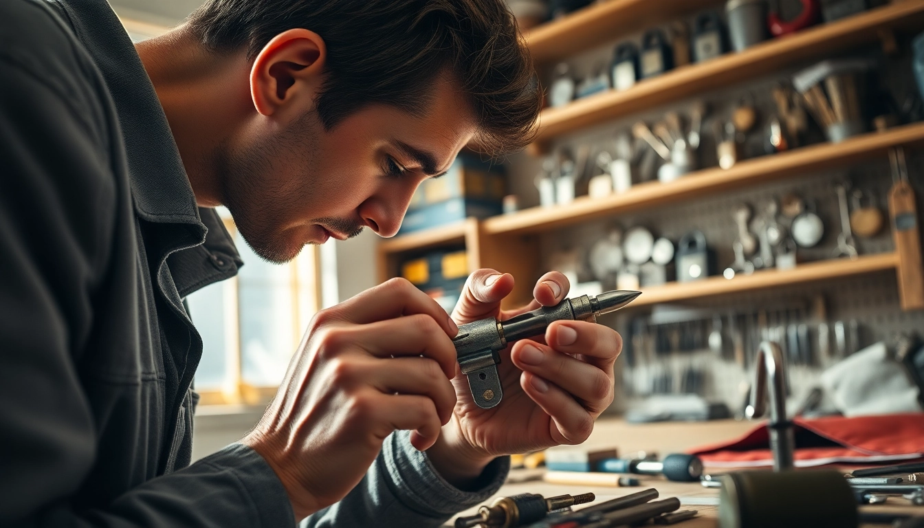 Locksmith expertly repairing a lock in a professional workshop setting.