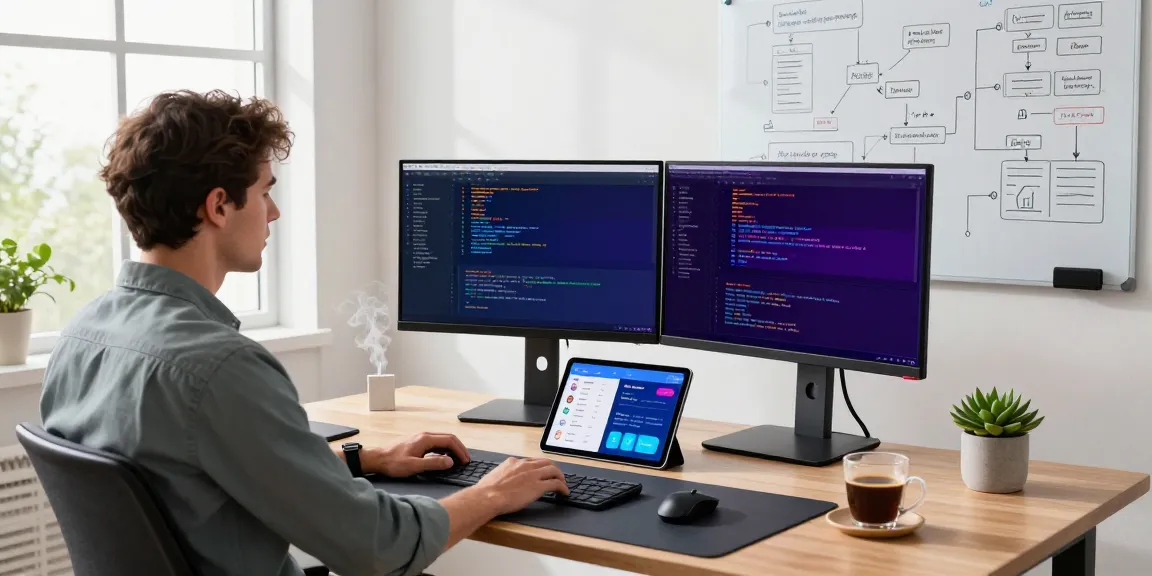 Developer at their desk working on the 纸飞机官网 messaging application, showcasing a modern tech workspace with code and analytics.