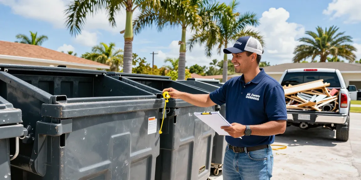 Dumpster Rental in Fort Myers FL with All County Dumpsters employee assisting a homeowner among various dumpster sizes.