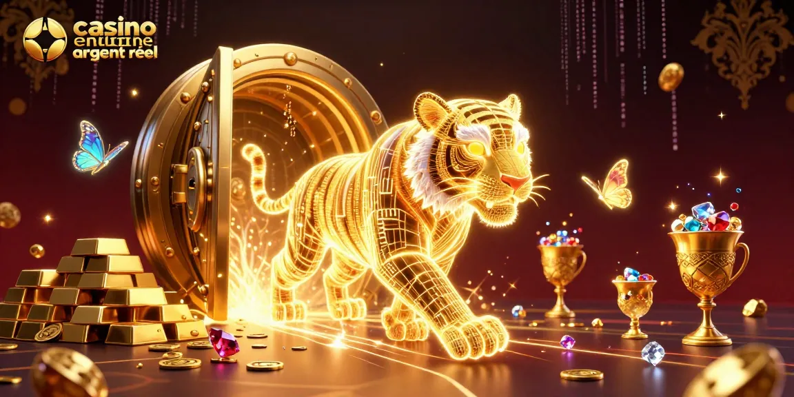Découvrez une scène captivante de casino en ligne argent réel avec un tigre doré et des trésors étincelants.