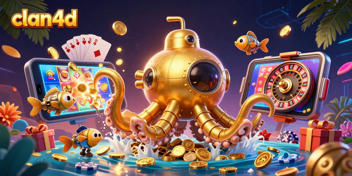 Engage in the world of casino gaming with clan4d's vibrant 3D golden kraken amidst coins and games.
