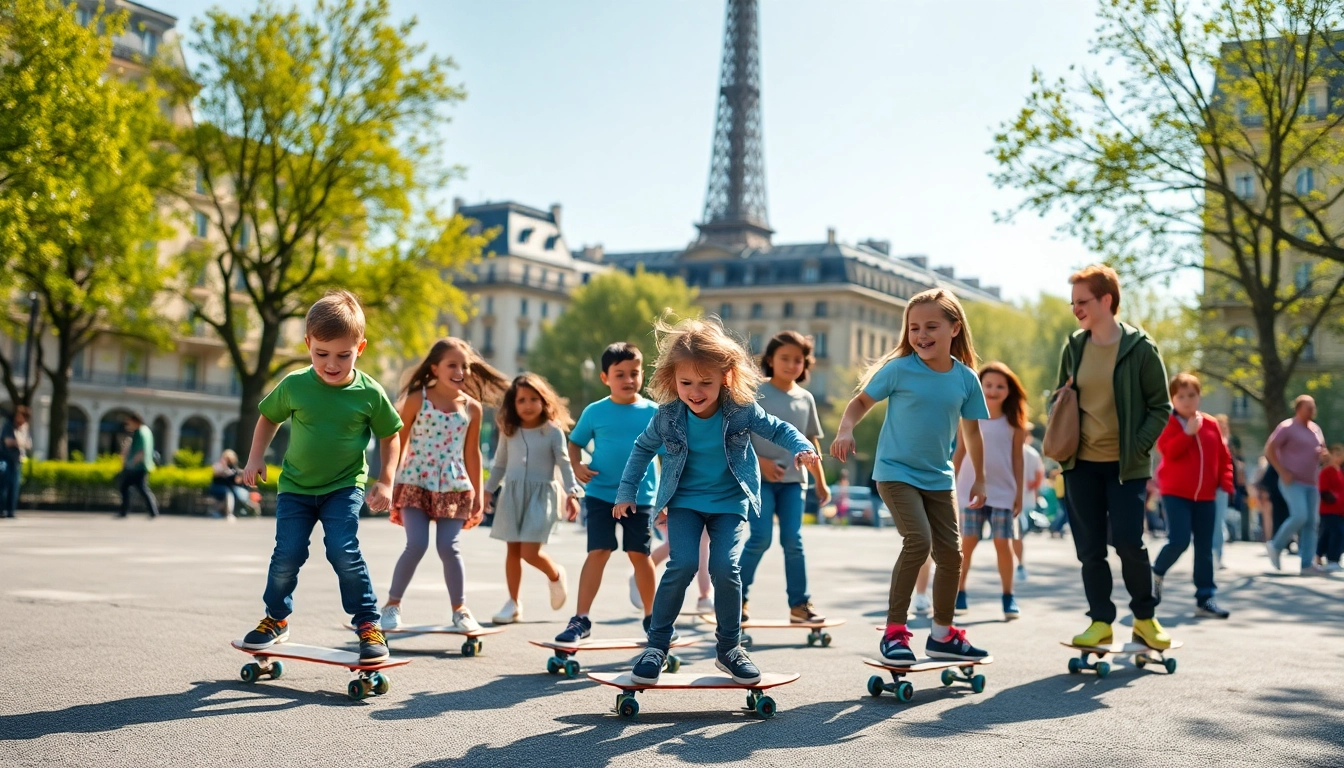 Children learning to skateboard in Paris, capturing the essence of Apprendre le Skate Paris.