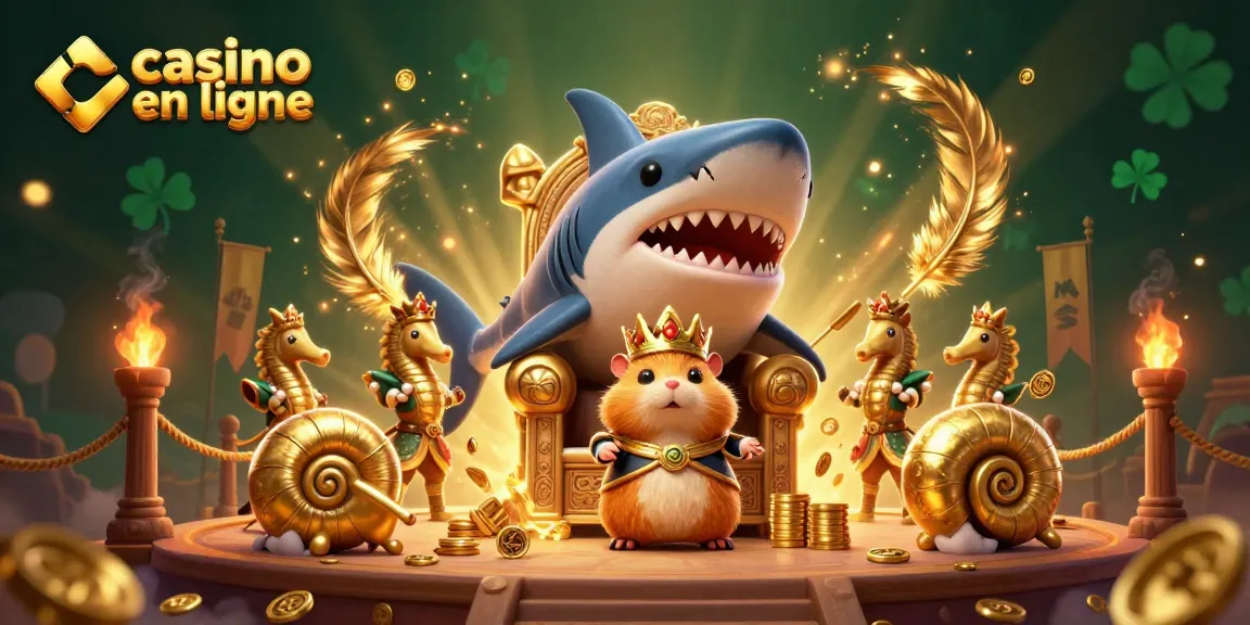 Le casino en ligne présente un roi hamster en or sur un trône de dents de mégalodon, entouré de garde hippocampe.