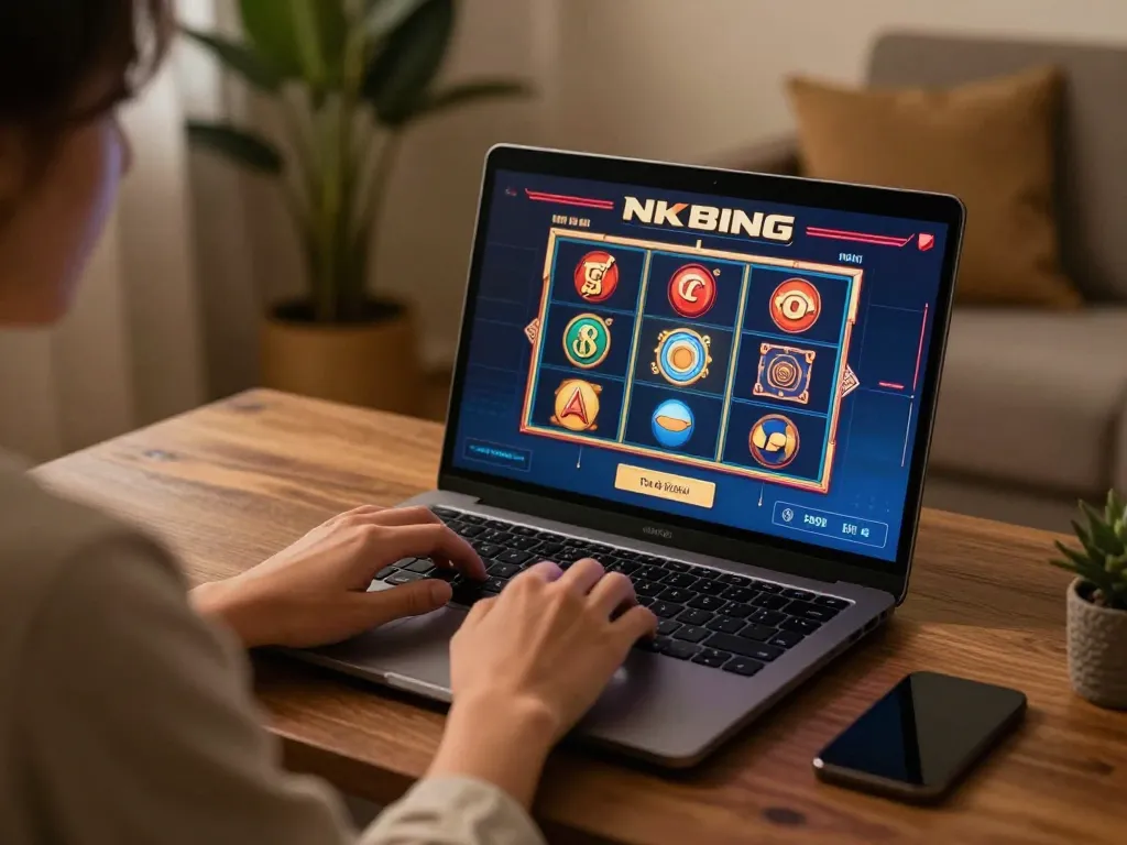 Engaging gameplay at NK88 online casino gaming setup featuring laptop displaying interactive slots.