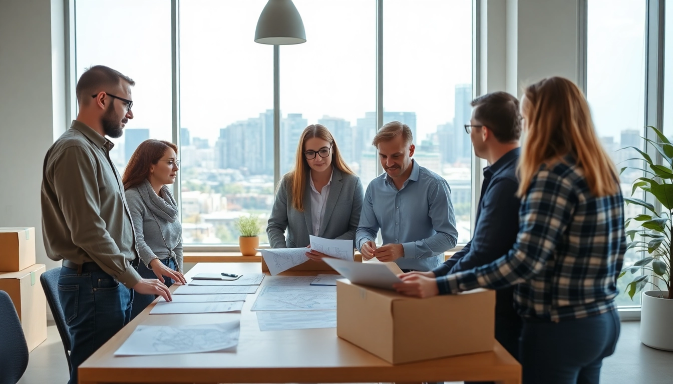 Long distance movers Calgary collaborating with clients in a modern office setting, showcasing professionalism.