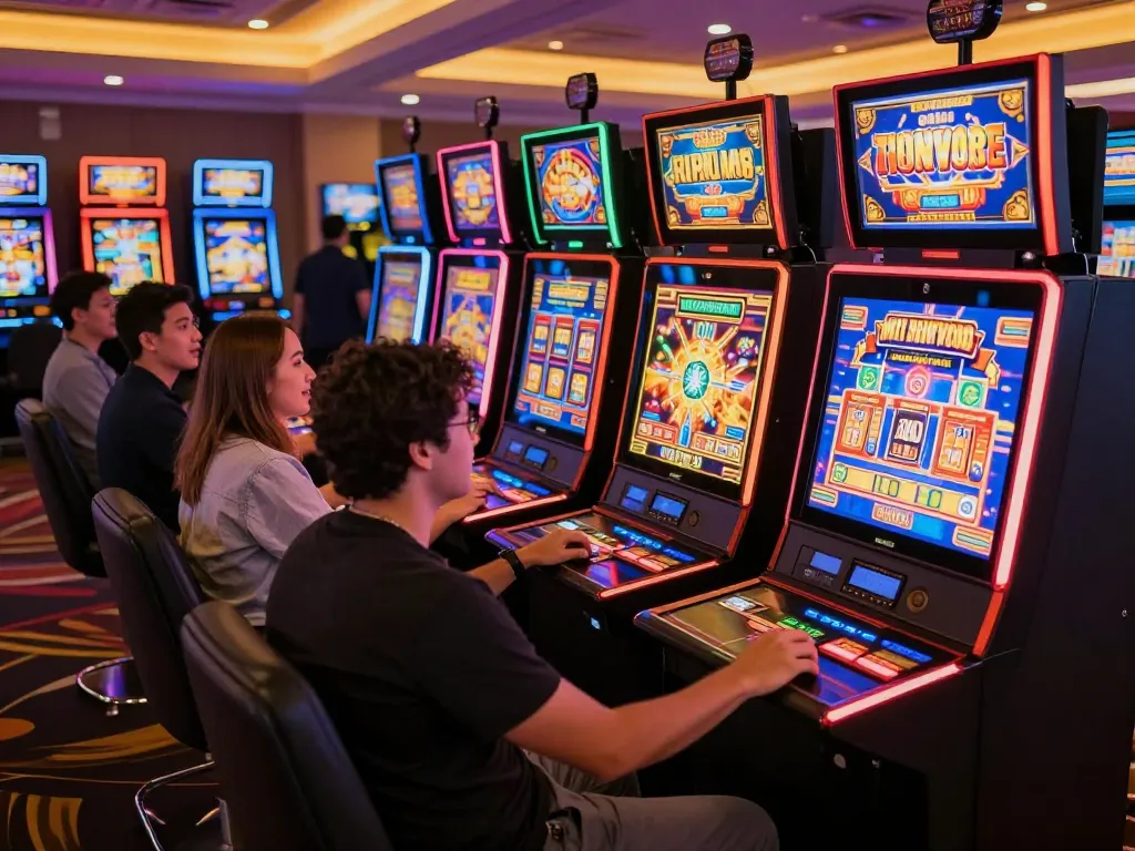 Players enjoying exciting slot machines at a เว็บสล็อต casino, vibrant atmosphere with bright lights