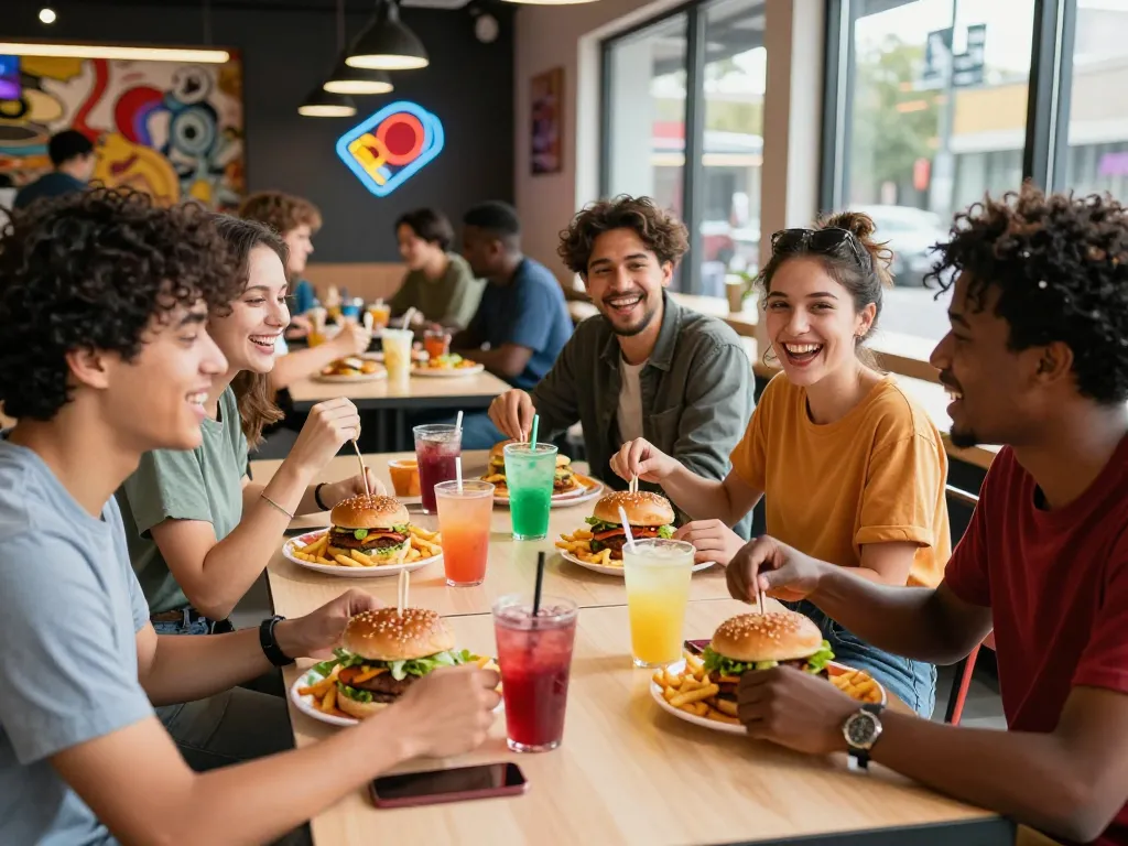 Friends enjoying fast food prices at a lively restaurant table filled with colorful meals.