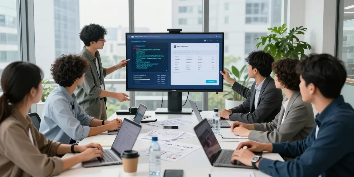 Detect fraud invoice discussion at a tech workspace with diverse professionals collaborating on AI software solutions.