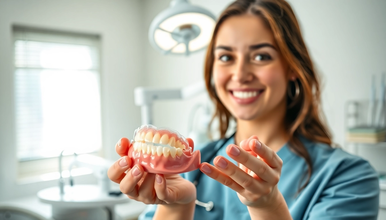 Dentures Frankfort IL displayed by a dental technician in a bright laboratory setting.