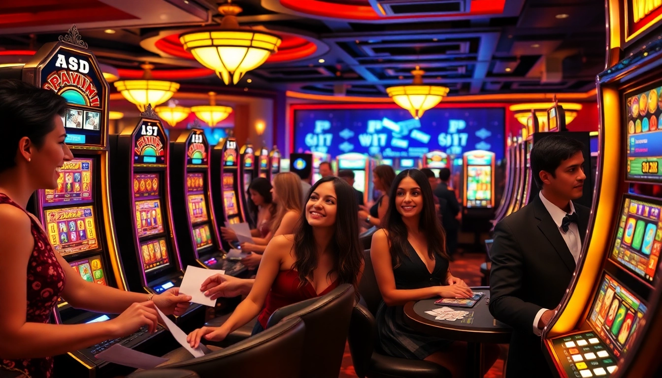 Players enjoying a pragmatic slot game in a luxurious casino environment, showcasing excitement and joy.
