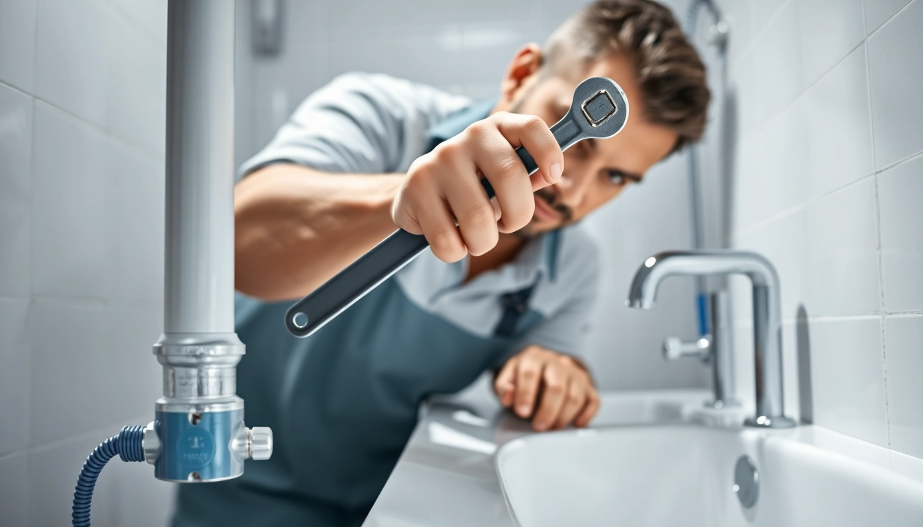 Find a skilled plumber near me fixing pipes in a modern bathroom.