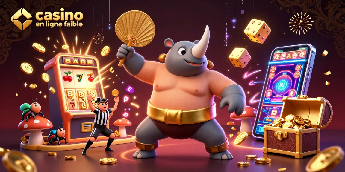 Illustration dynamique casino en ligne fiable avec un scarabée rhinocéros sumo et des pièces d'or volantes.