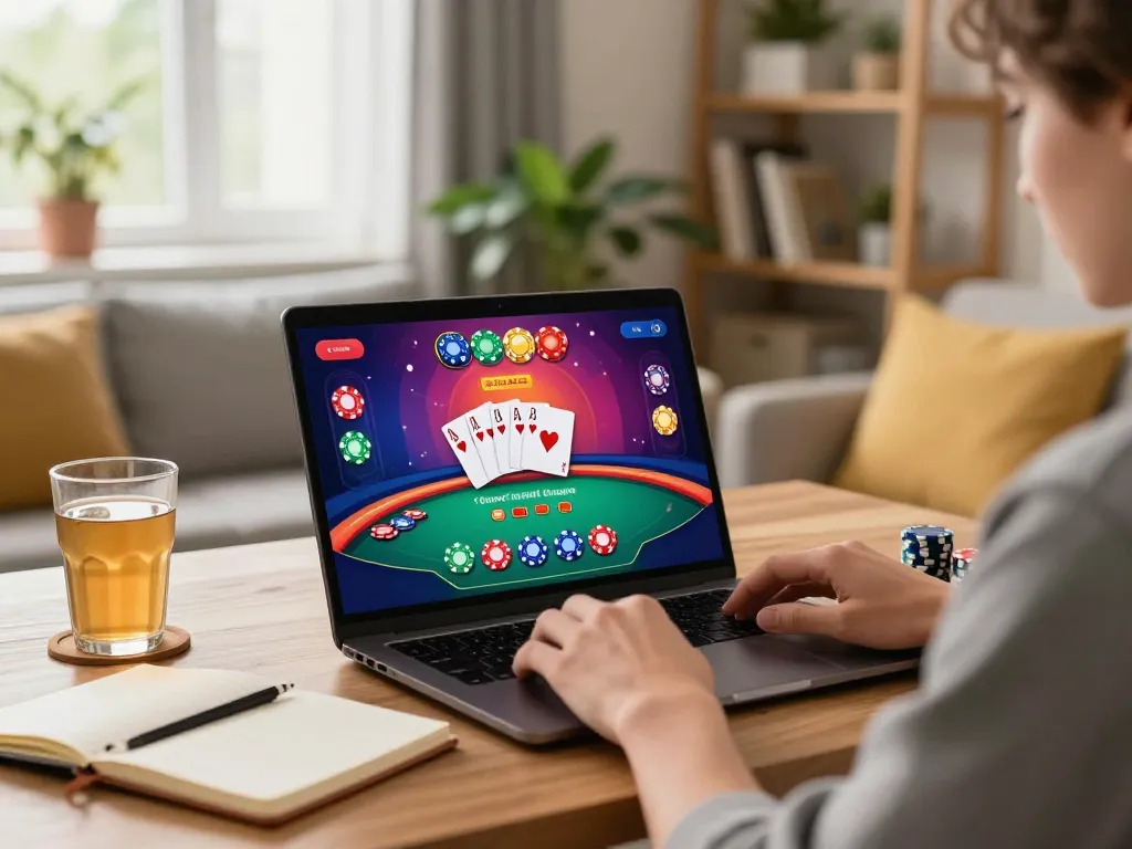Person using TG88 for online poker with vibrant interface in cozy home setting