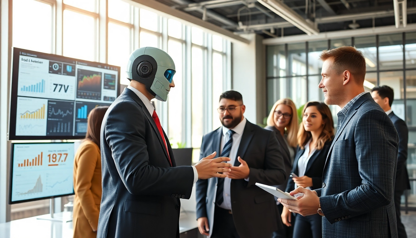 Engaging enterprise ai assistant facilitating collaboration among professionals in a modern office.