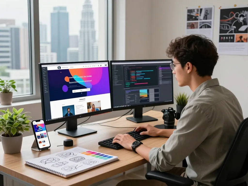 Freelance web developer Kuala Lumpur coding in a modern design studio with dual monitors, design tools, and city skyline background.
