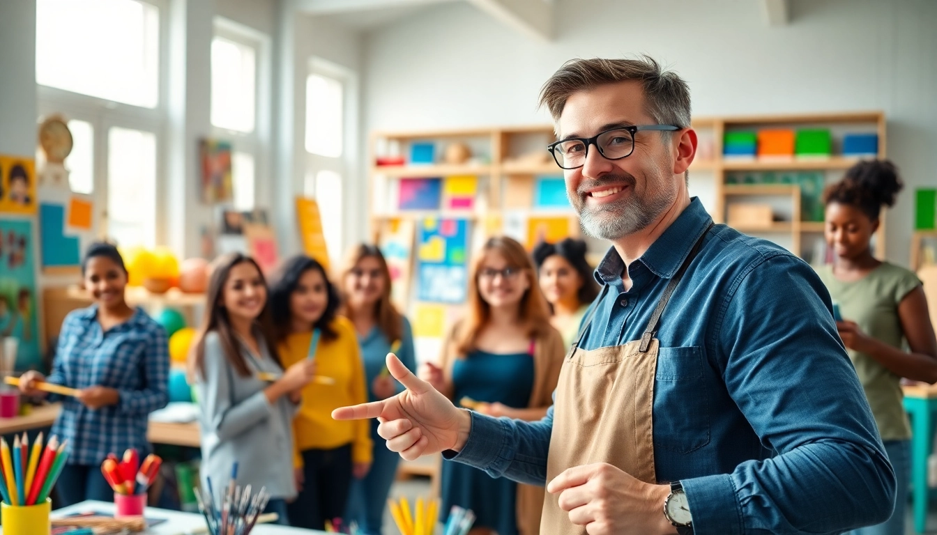 Engaging instructor leading craft training programs with vibrant tools and eager students.