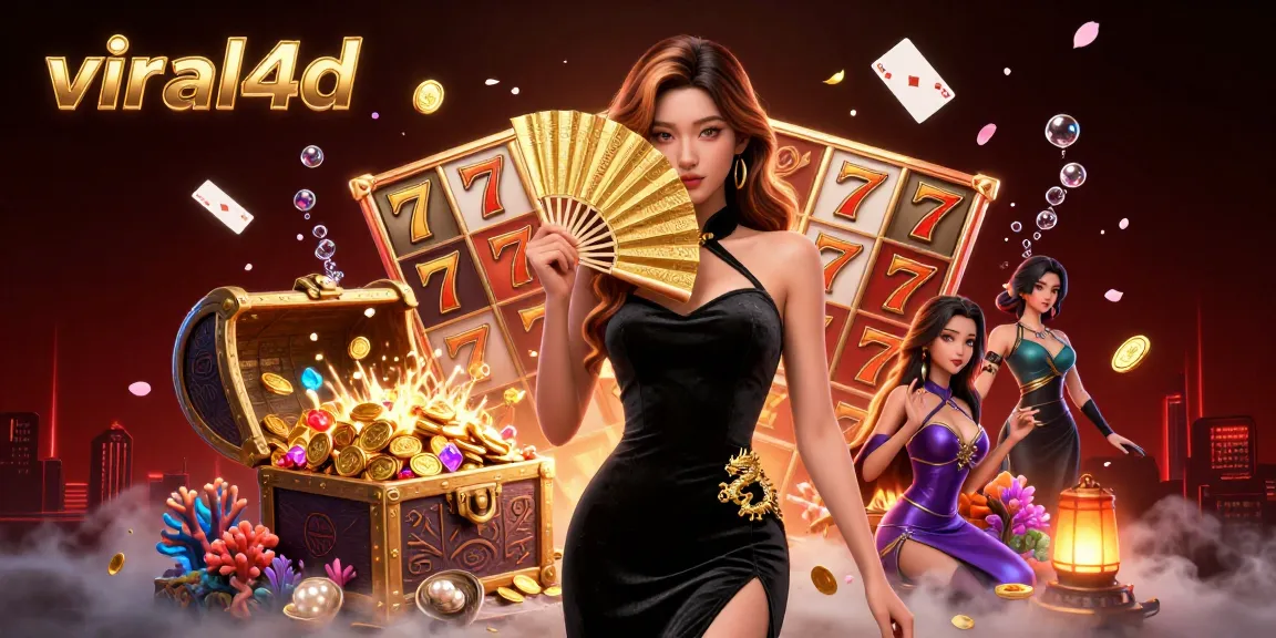 Engage with viral4d's vibrant slots surrounded by gold coins and a captivating Asian character.