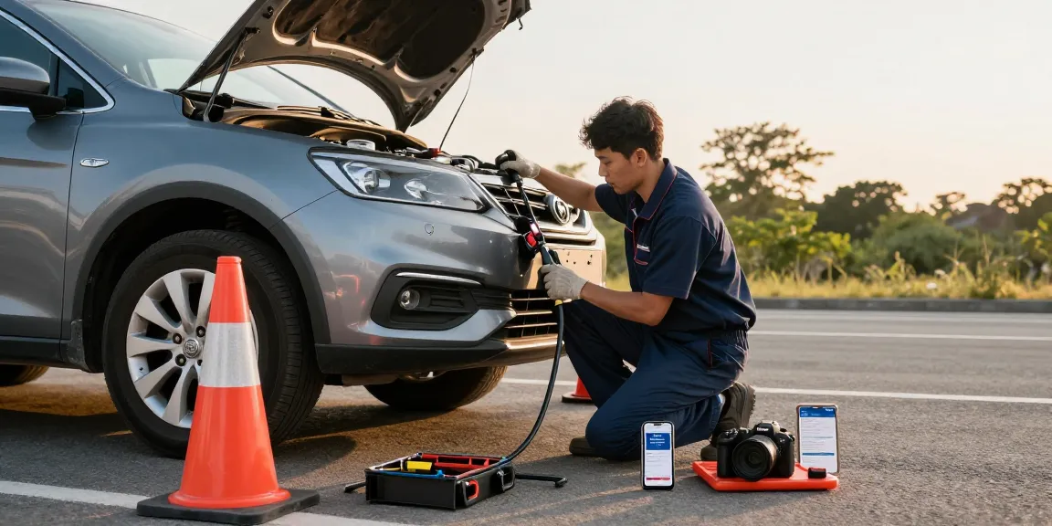 Technician extracting petrol in diesel car fuel with specialized tools at roadside.