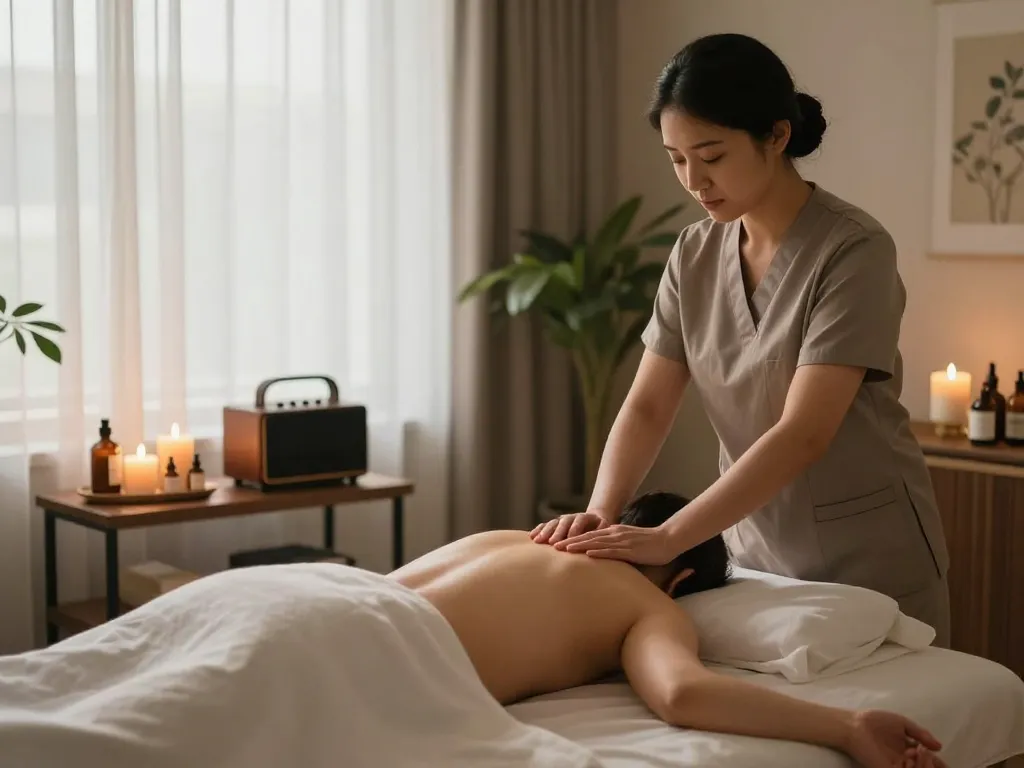 Relaxing aromatherapy massage scene by www.maxim-anma.net in a luxurious home setting.