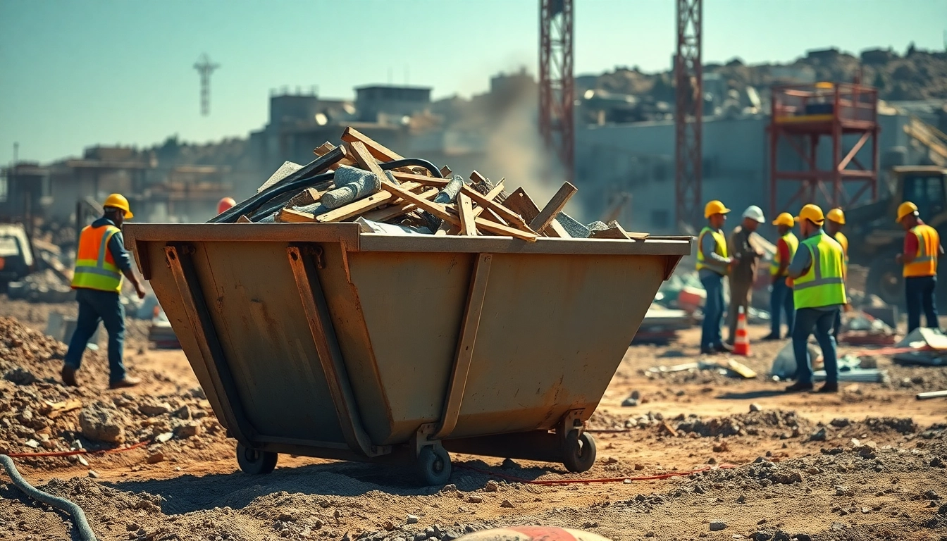 Skip hire service in a busy construction site with workers around.