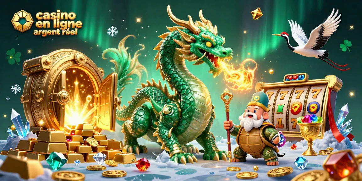 Plongée dans l'univers du casino en ligne argent réel avec un dragon majestueux et une tortue sage, remplie de trésors scintillants.