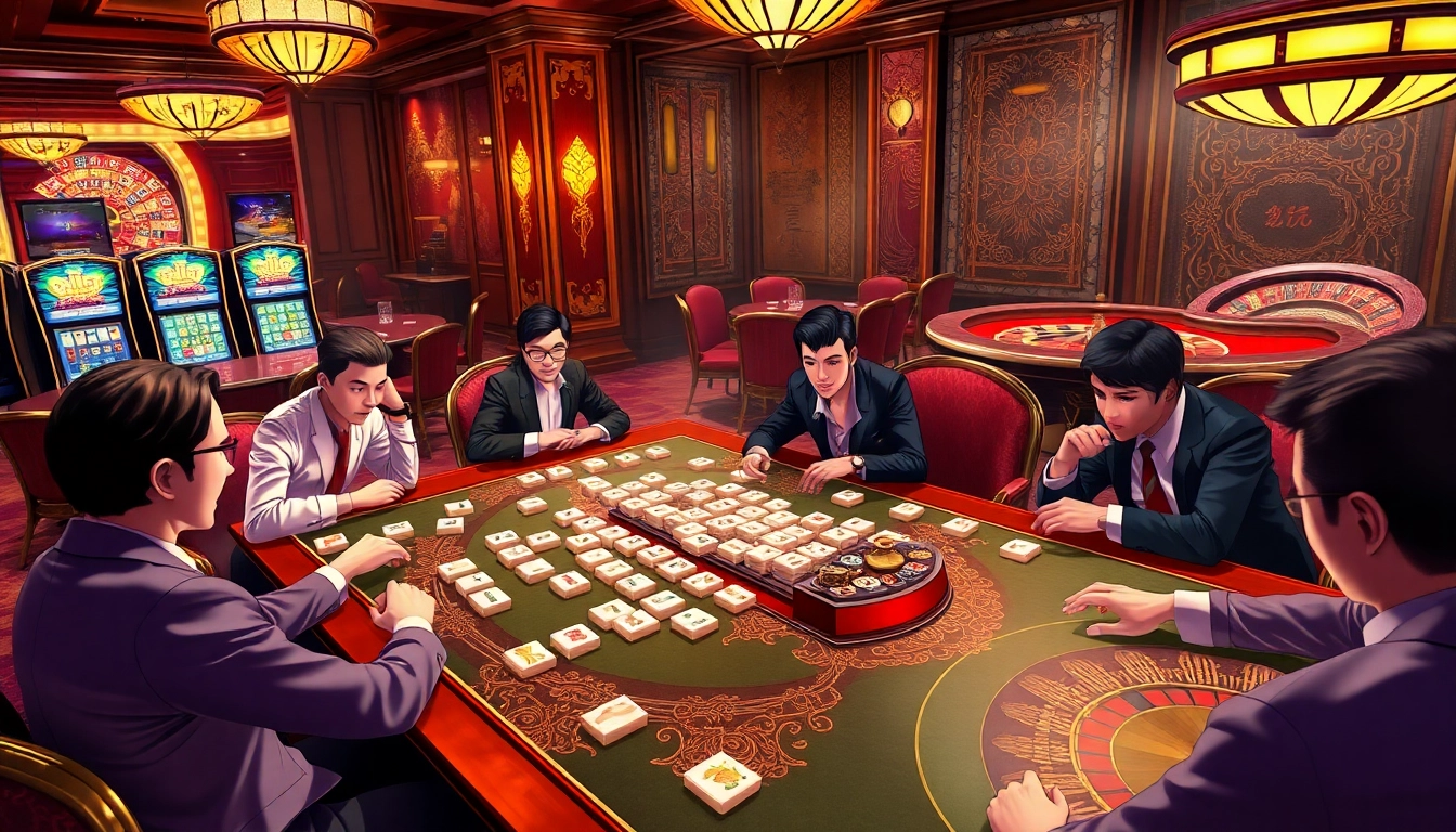 Engaged players enjoying Mahjong Ways 2 amid vibrant casino décor and mahjong tiles.