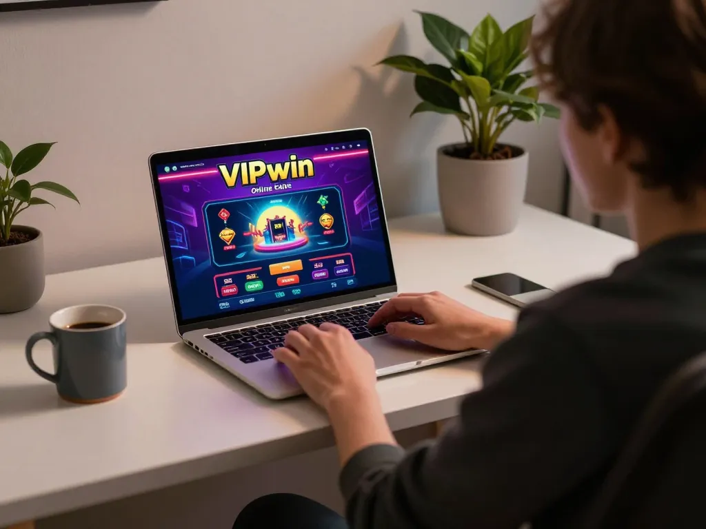 Engaging in strategic online gameplay at VIPwin with a laptop showcasing casino options and a friendly, inviting space.