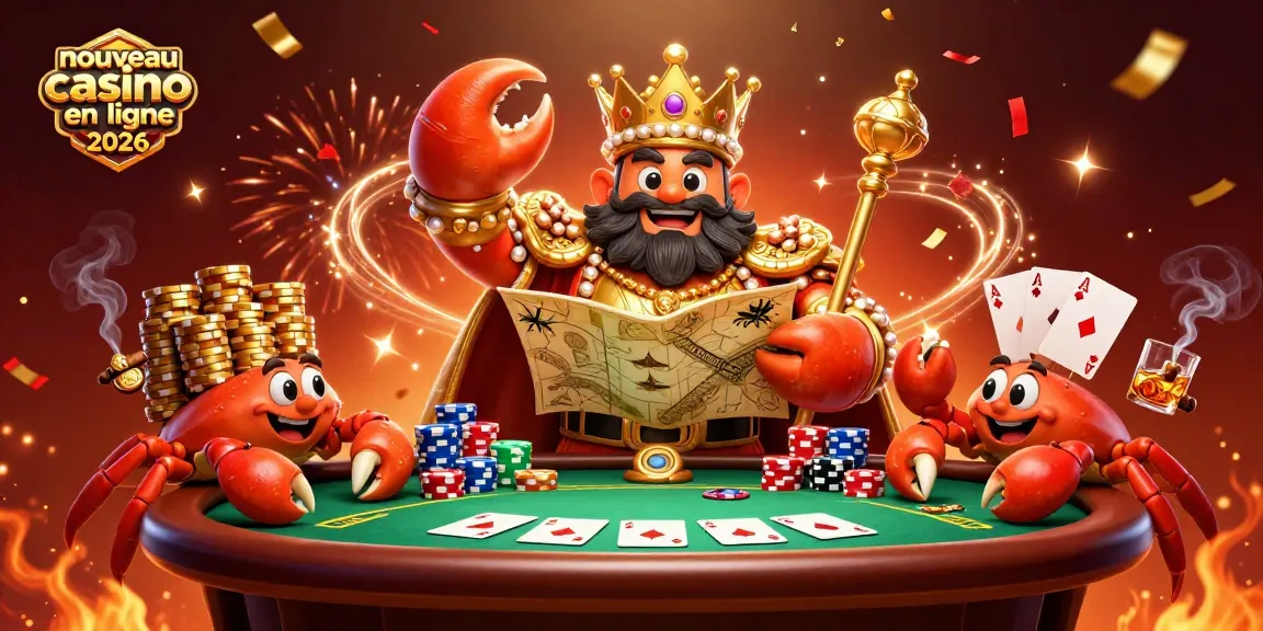 Illustration captivante de "nouveau casino en ligne 2026" avec un crabe empereur doré et des éléments de poker.