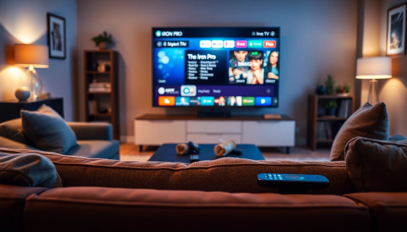 Engaging living room view showcasing the iron tv pro interface on a flat-screen TV, inviting viewers.