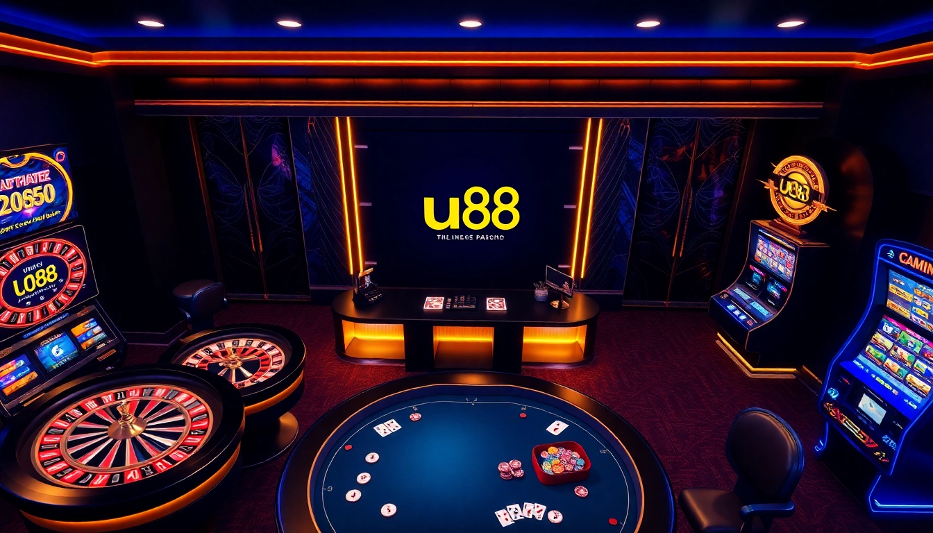 Experience thrilling online gambling action with uu88's vibrant casino ambiance featuring roulette and slots.
