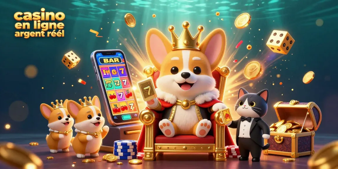 Profitez d'un casino en ligne argent réel avec un corgi royal entouré de jeux de casino scintillants.