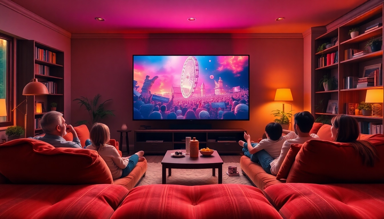 Watch ดูหนังออนไลน์ with family in a warm, cozy living room filled with vivid colors and inviting decor.