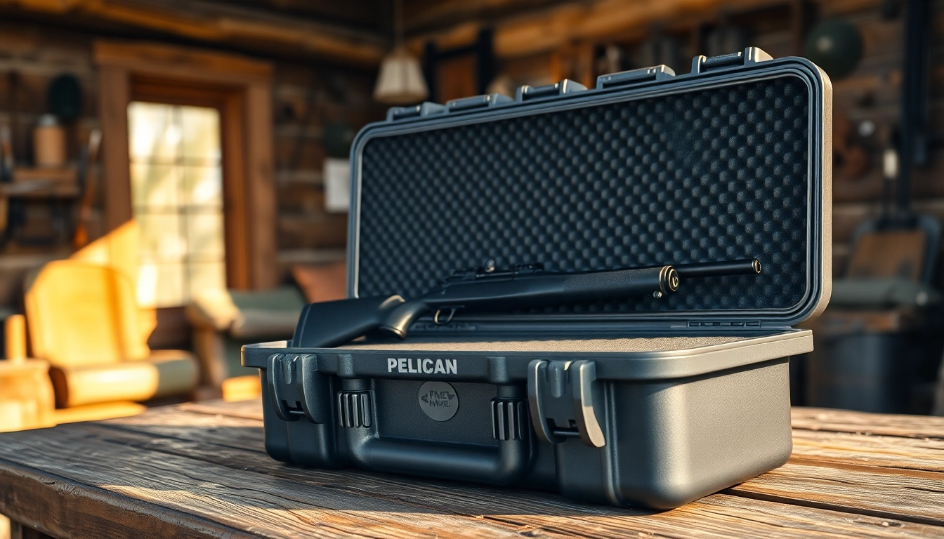 Showcasing a rugged pelican rifle case with a rifle secured inside, highlighting its durability and protective features.