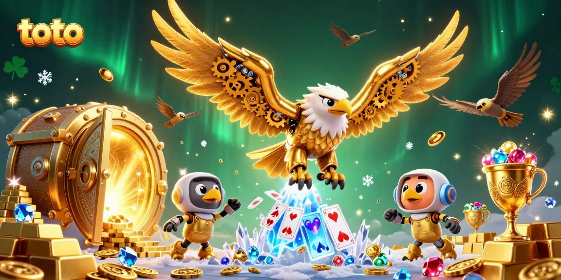 Engaging toto casino action featuring a cybernetic eagle diving through holographic cards amidst treasures.