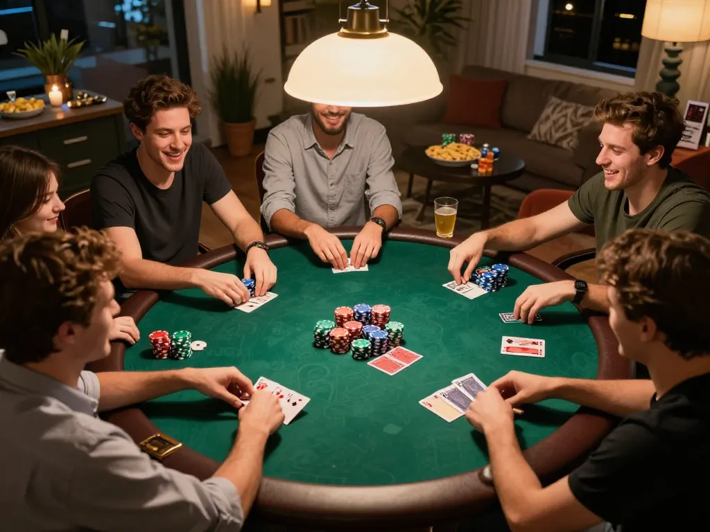 Friends playing POKER88 at a home poker night, showcasing vibrant chips and cards in an inviting atmosphere.